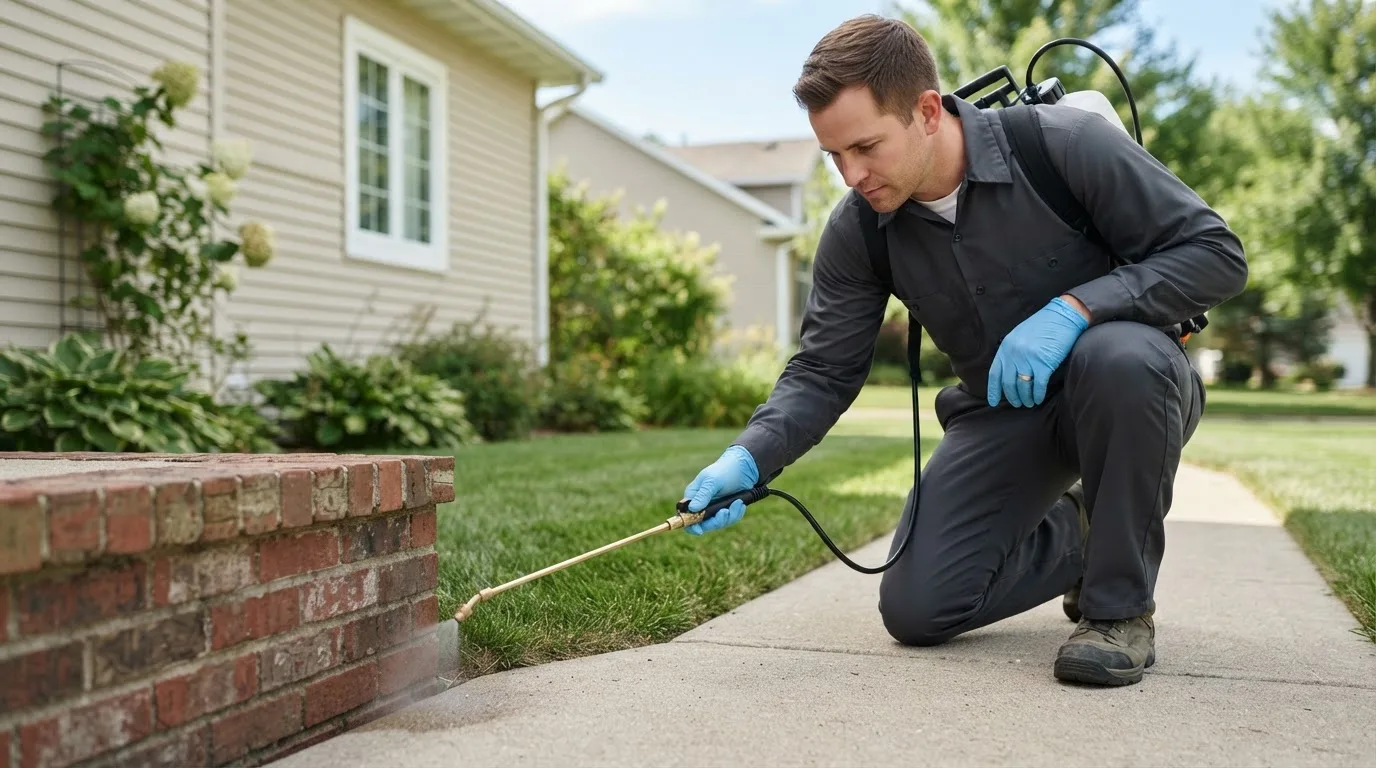 Pest control technician treating a home near Scotland, TX